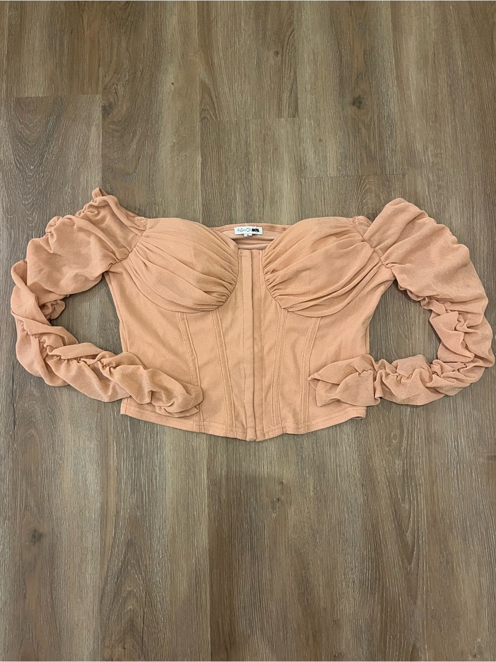 Fashion Nova Sparkly Peach Mesh Ruched Corset Blouse